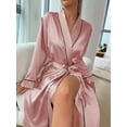 thumbnail image 3 of Bata de noche de satén liso, elegante bata de manga larga con cuello en V y cinturón, ropa de dormir para mujer, 3 of 5