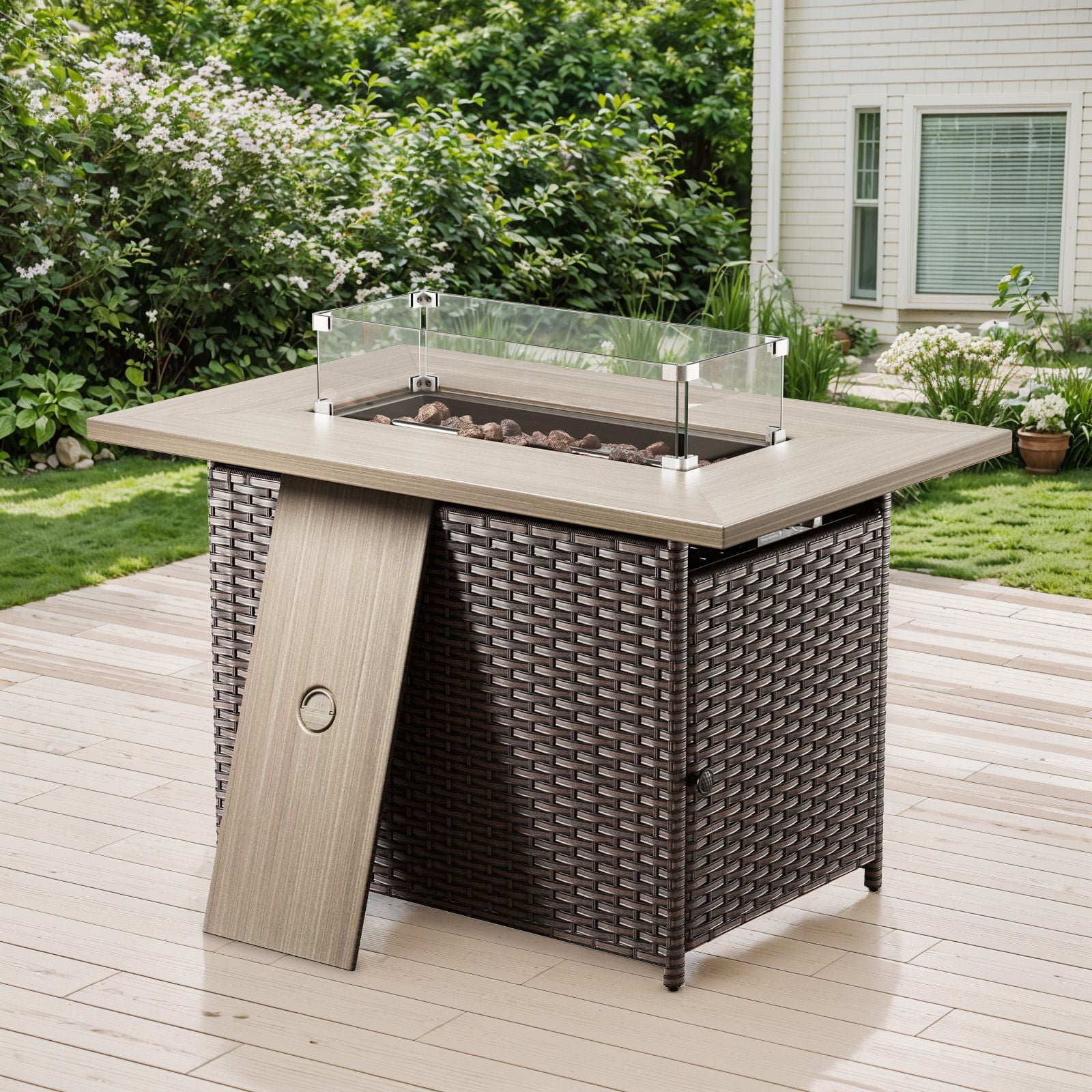 OPOHORO 41" Rectangular Propane Fire Pit 50,000 BTU Outdoor PE Wicker Fire Pit Table with Lid, Brown