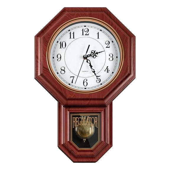 Wall Clock, Imitation Wood Plastic Regulator Clock with Pendulum, Rufous
