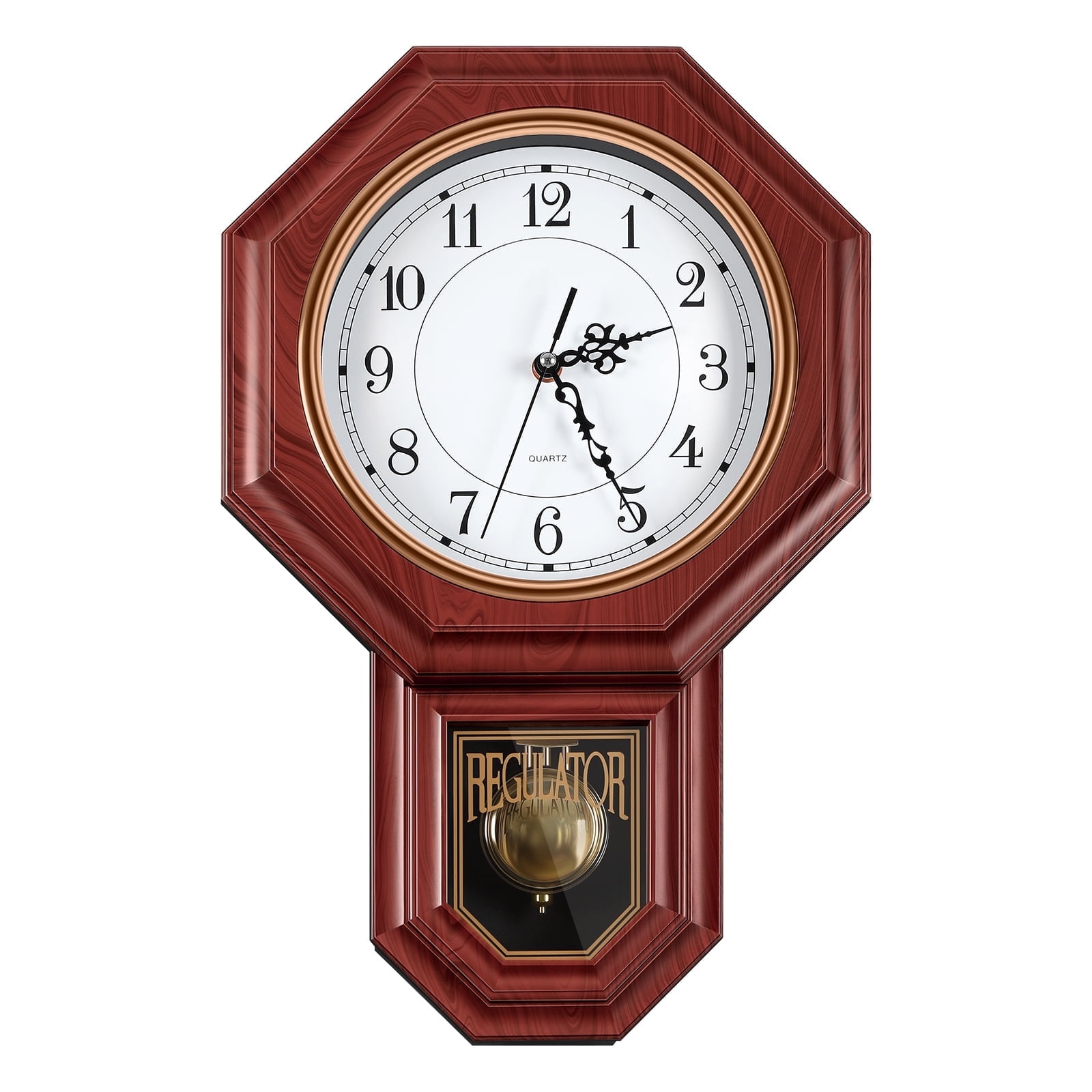 Wall Clock, Imitation Wood Plastic Regulator Clock with Pendulum, Rufous