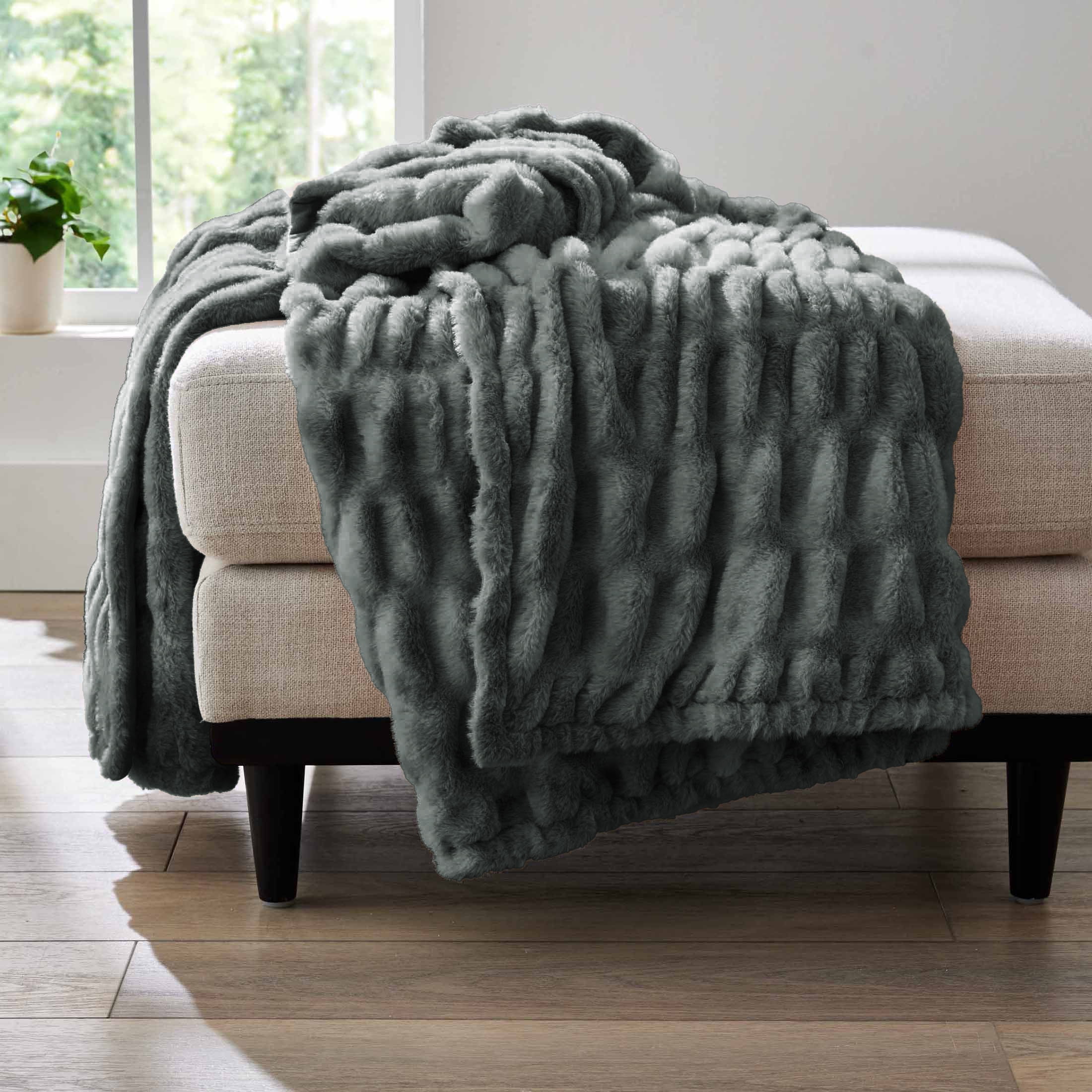 Better Homes & Gardens Gray Ruched Faux Fur Throw, 50" x 72", Adult/Teen