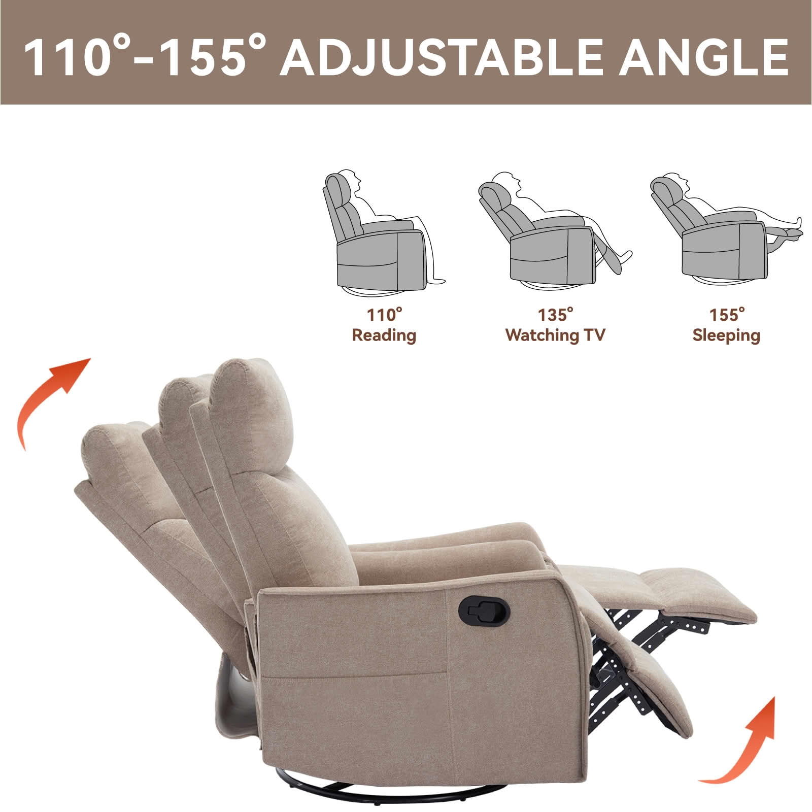 MAYEERTY Khaki Heat Massage Recliner Chair, 360° Swivel Rocker 27"x36"x40" for Living Room