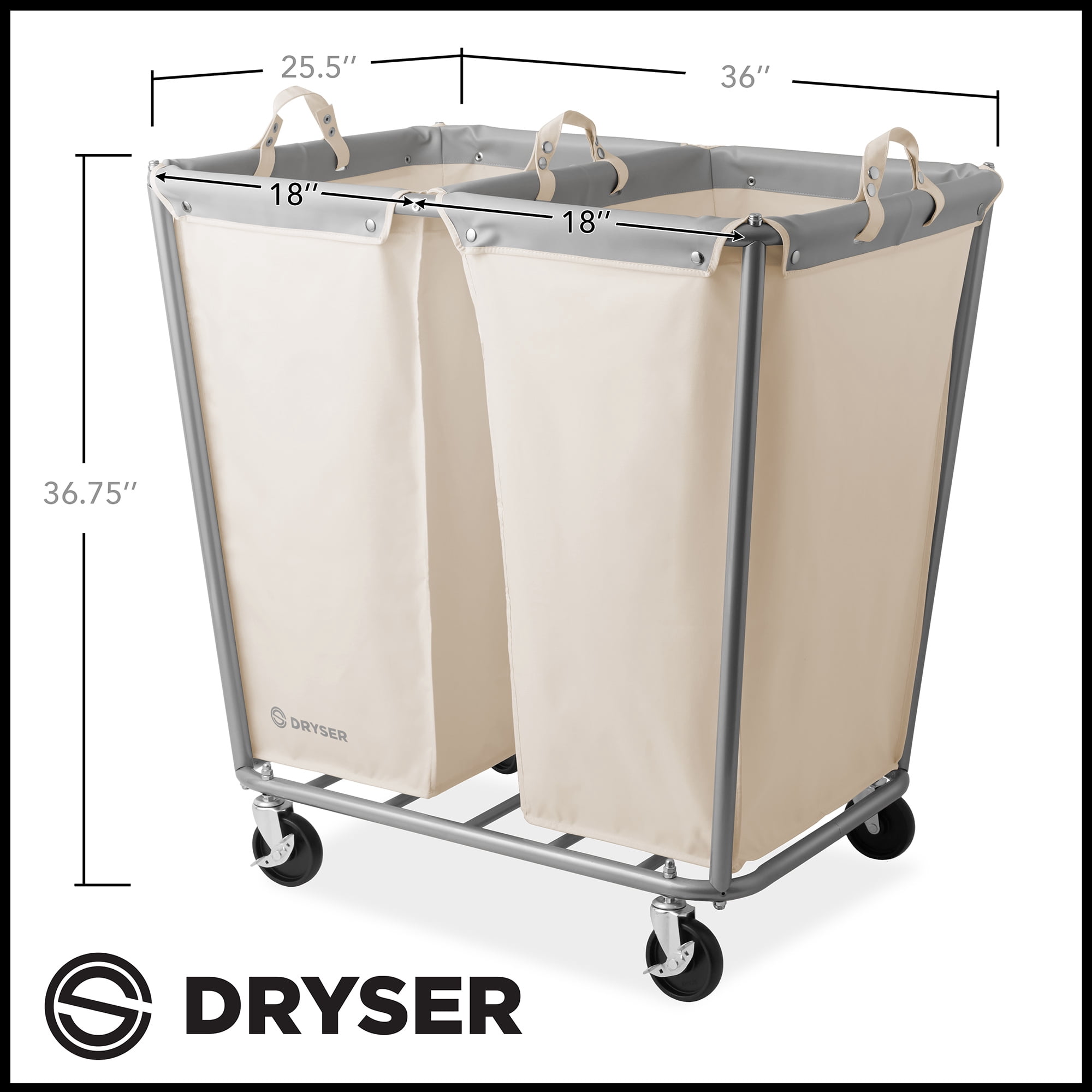 Dryser 2 Section Commercial Rolling Laundry Hamper on Wheels with Removable Canvas Bins - White