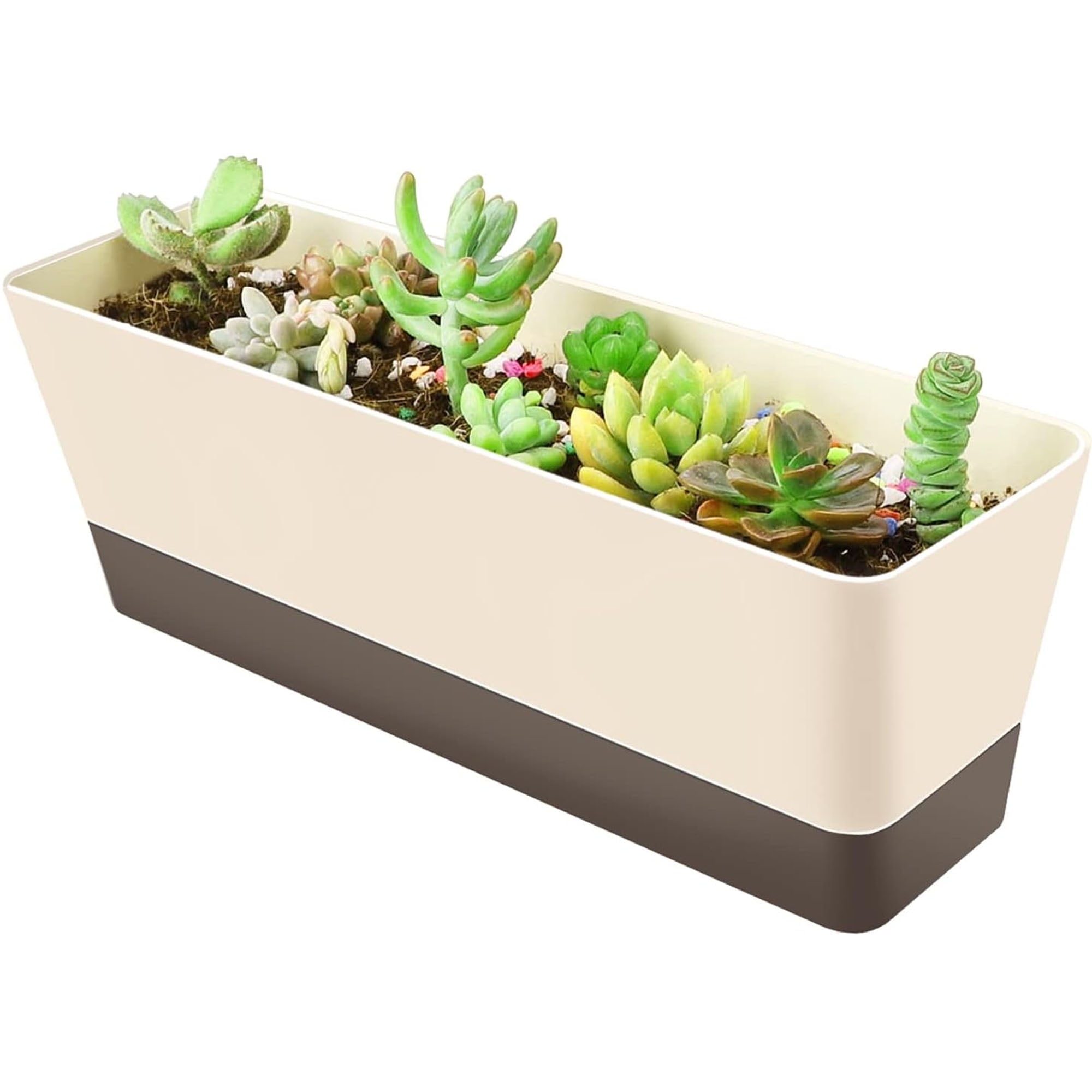 OFEFE Planter Windowsill Box, 1 Pack 12x3.8 Inch Herb Rectangle Planter with Tray, Modern Indoor Succulent Cactus Plastic Plant Pot for Windowsill, Garden Balcony, Home Office Outdoor Decoration