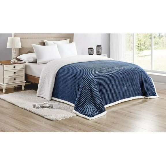 Faith, Hope, Love Home Décor King Size Corduroy Oversized Sherpa Blankets (90" x 90") - Navy