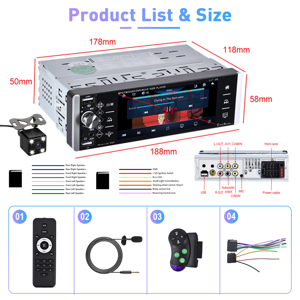 Podofo Single Din 5.1'' Car Stereo Radio Apple Carplay Android Auto Touch Screen Car Multimedia MP5 Player Bluetooth Mirror Link FM USB Charging, with Backup Camera