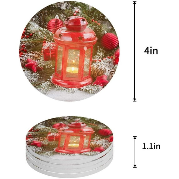 FMSHPON Merry Christmas Decor Xmas Bell Set of 8 Round Coaster for Drinks, Absorbent Ceramic Stone Coasters Cup Mat with Cork Base for Home Kitchen Room Coffee Table Bar Decor