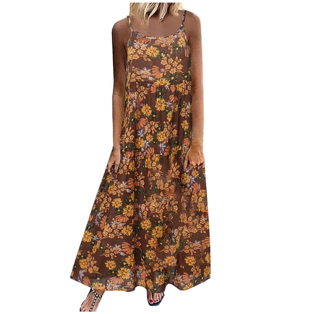 Vestido largo sin mangas con cuello redondo y estampado informal de verano para mujer a la moda Fridja hj2957