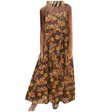 

Long Sleeve Dress for Women Black Dress Fashion Women Summer Casual Print Round-Neck Camis Sleeveless Vest Long Dress on Clearance Dresses for Women Flower Girl Dress Brown M