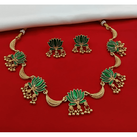 Traditional Green Lotus Design Gold-Plated Necklace Set with Earrings for Women – Ethnic Indian Jewelry