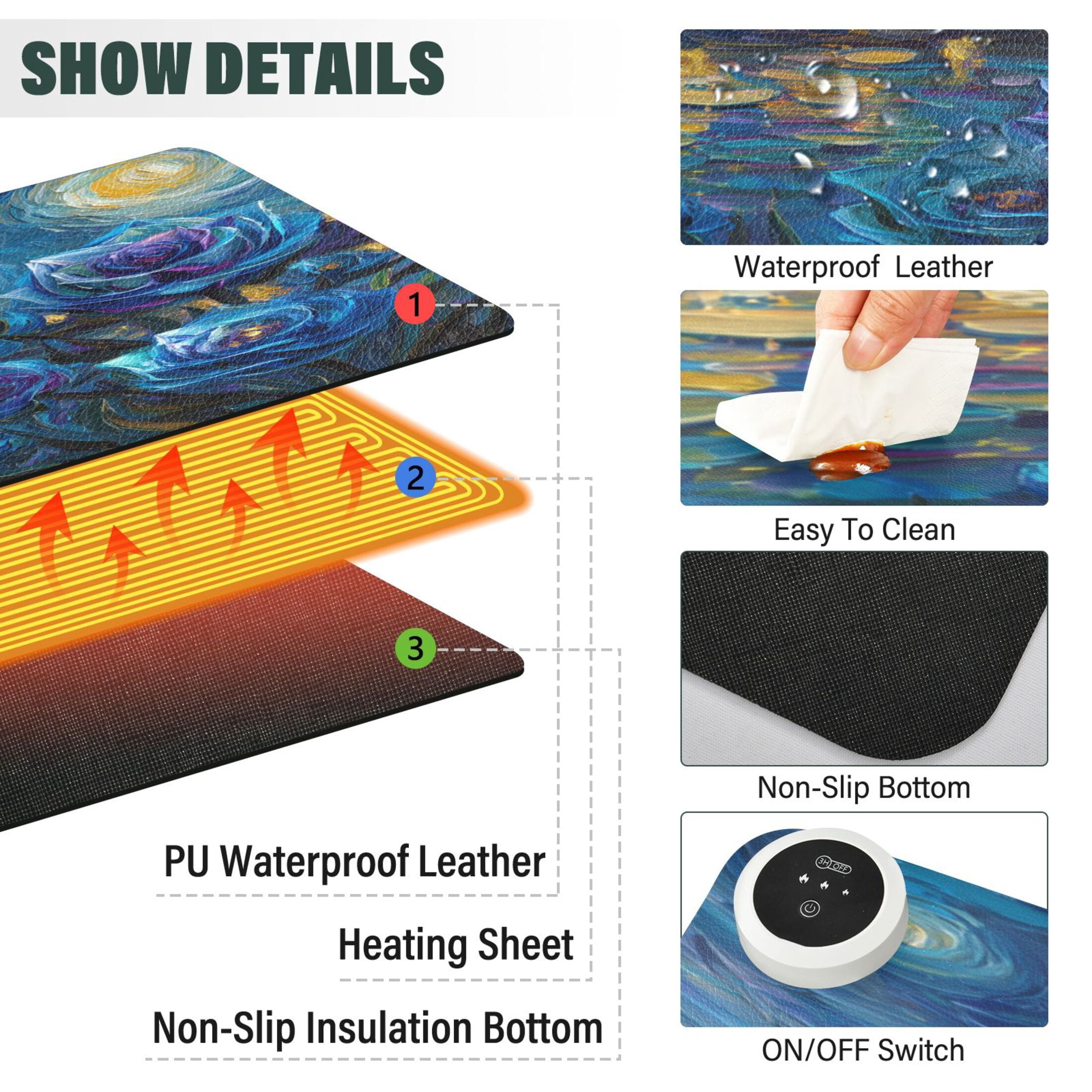Large Heated Desk Mat Mouse Pad 31.5"x13"PU Leather Graphene Heating Desk Warmer with 3 Temperature Settings 110V US Plug Non-Slip Warm Pad for Home, Office, and Gaming Starry Night Blue Roses