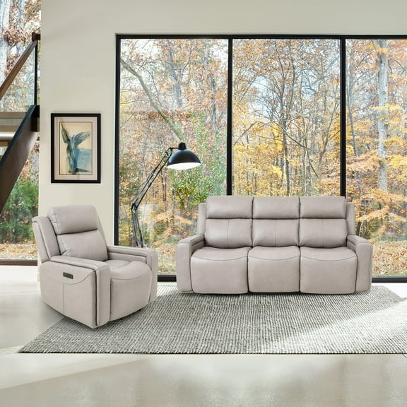 Claude Dual Power Headrest and Lumbar Support Reclining Sofa in Light Grey Genuine Leather