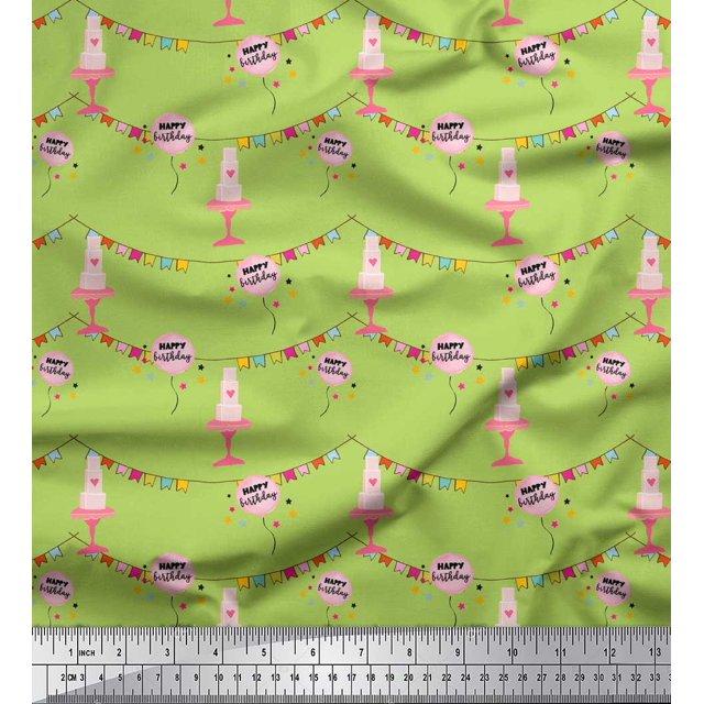 Soimoi Green Rayon Crepe Fabric Birthday Theme Party Print Sewing Fabric Yard 46 Inch Wide