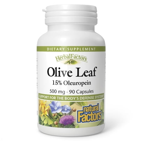 Natural Factors HerbalFactors, Olive Leaf 500 mg, 15% Oleuropein, Natural, 90 Capsules