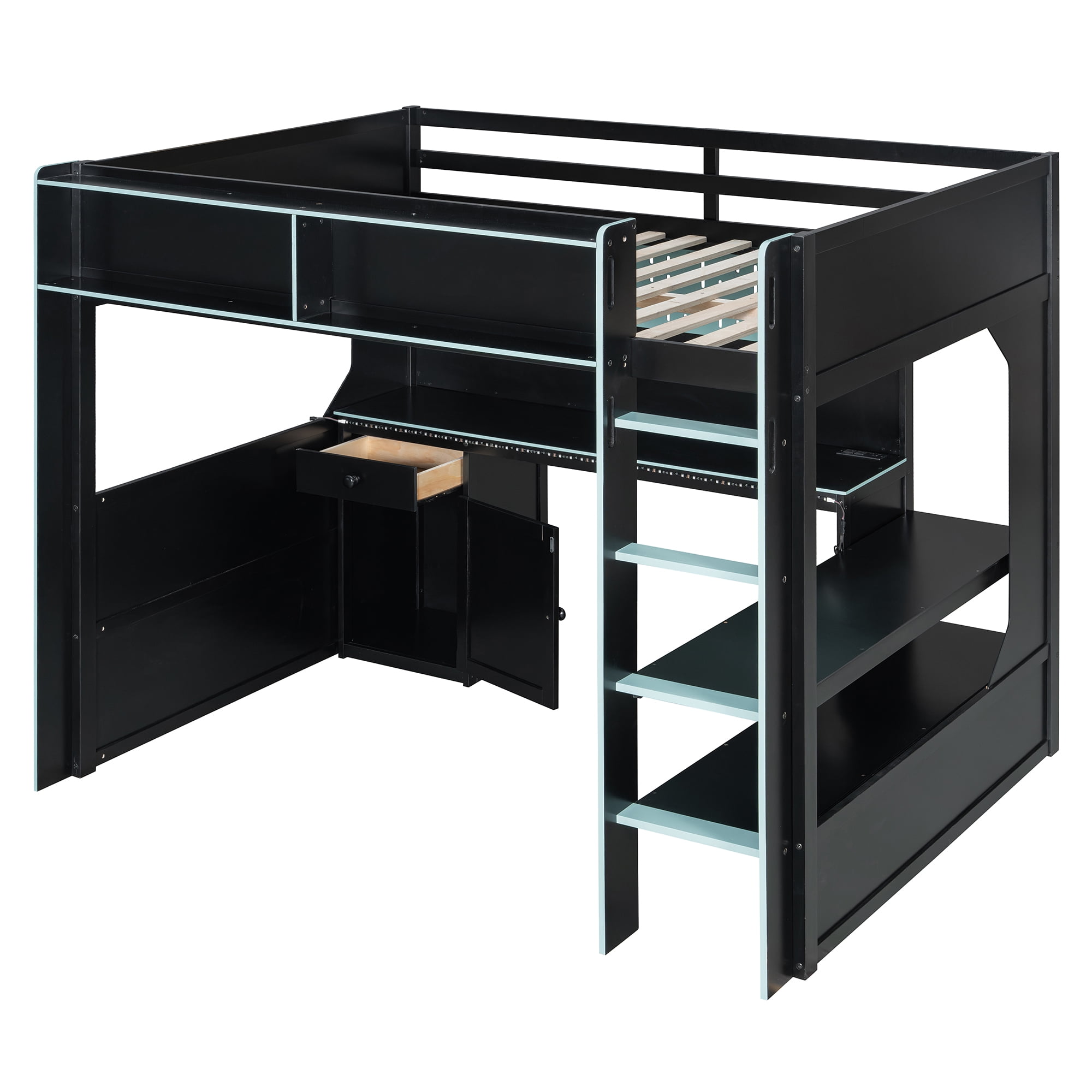 Mintazer Full Size Gaming Loft Bed with Desk & LED Lights, Modern Bed Frame with Storage Shelves & Pegboard and Charging Station for Dorm Bedroom Apartment, Black & Blue