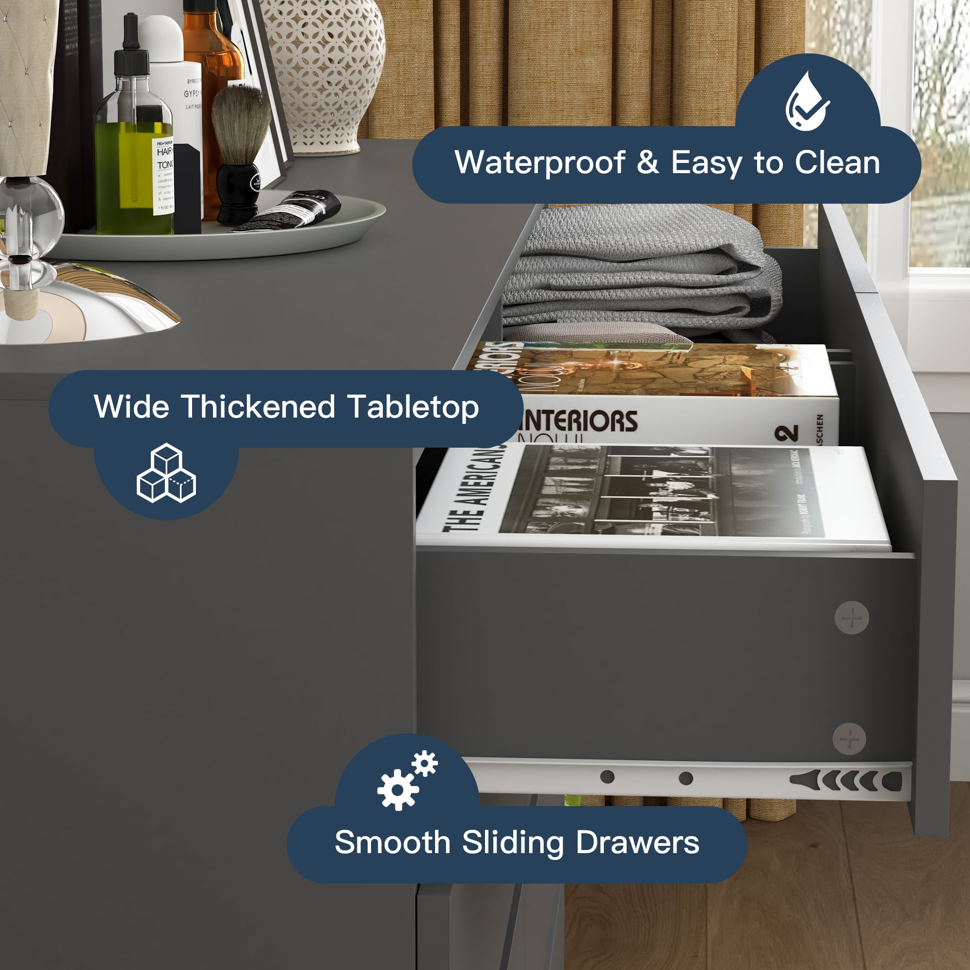 Demi Bonn 9 Drawer Double Dresser, Modern 9 Chest of Drawers with Deep Drawers, Wide Storage Organizer Cabinet for Living Room, Gray