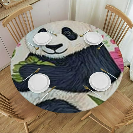 

SHERONV Panda Bear Flowers Leaves Round Tablecloth Stain-Resistant Washable Indoor Outdoor Restaurant Wedding Party Decor 100% Polyester Waterproof Fabric with Elastic Edge 38 -42