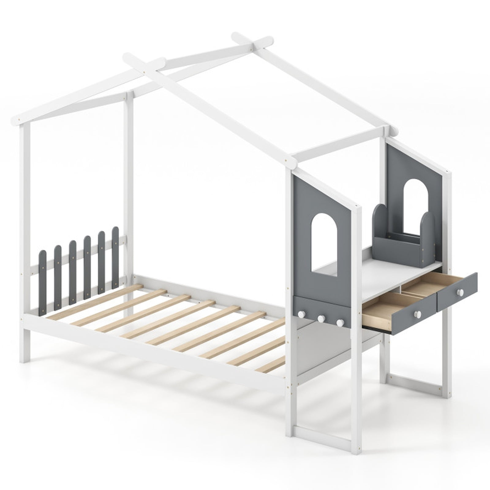 Furnibear Twin Size Kids House Bed Frame with Roof Canopy Fence and Storage Desk for Kids Bedroom, White and Gray