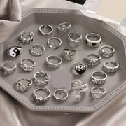 24pcs Y2K Gothic Rings Set for Women and Men Silver Punk Grunge Vintage Jewelry with Heart Snake Flower Designs