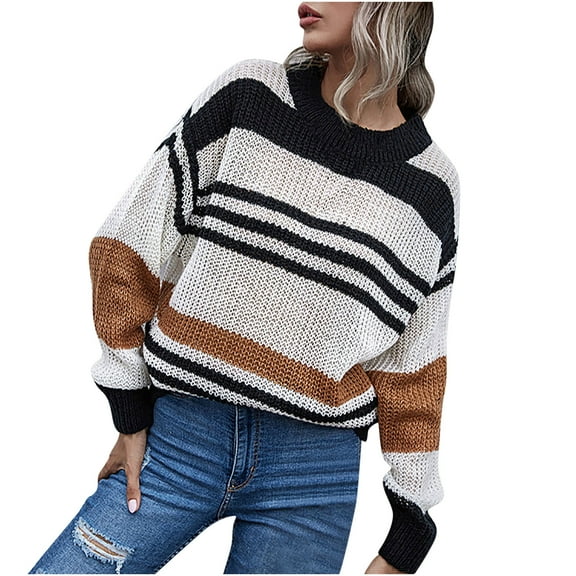 ShomPort Fall Sweaters Round Neck Striped Cute Winter Pullover Sweaters for Ladies Trendy