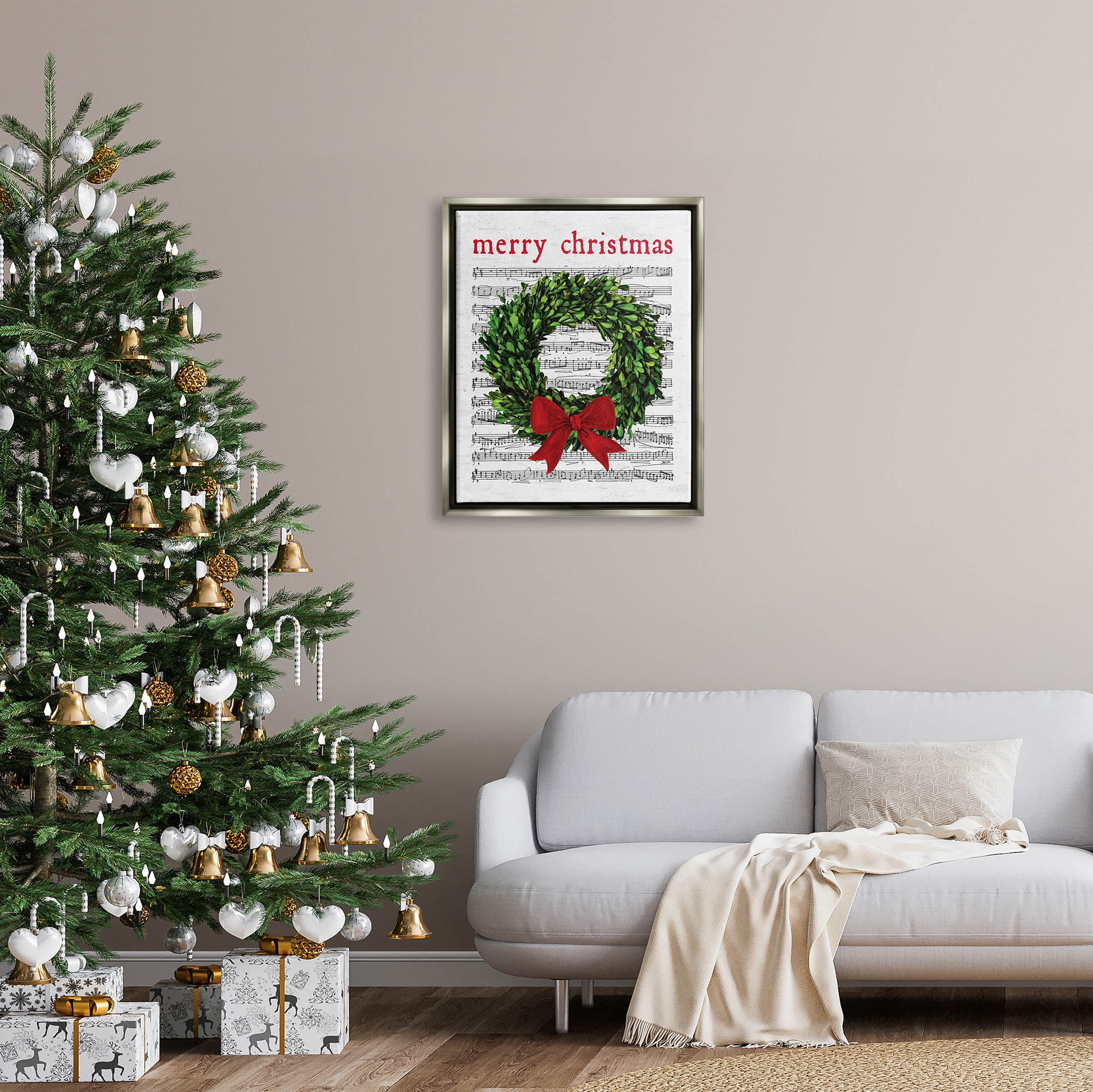 Stupell Industries Merry Christmas Song Wreath Graphic Art Luster Gray Floating Framed Canvas Print Wall Art, Design by Lettered and Lined