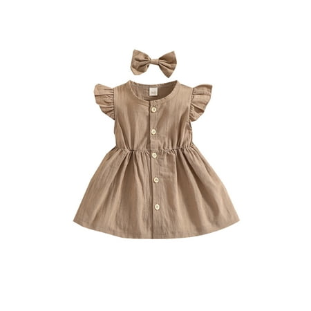 

Nokpsedcb Toddler Girl Round Neck Dress 2PCS Set Children Baby Kid Solid Color Fly Sleeve Buttons Skirt Bow Hairpin Khaki 2-3 Years