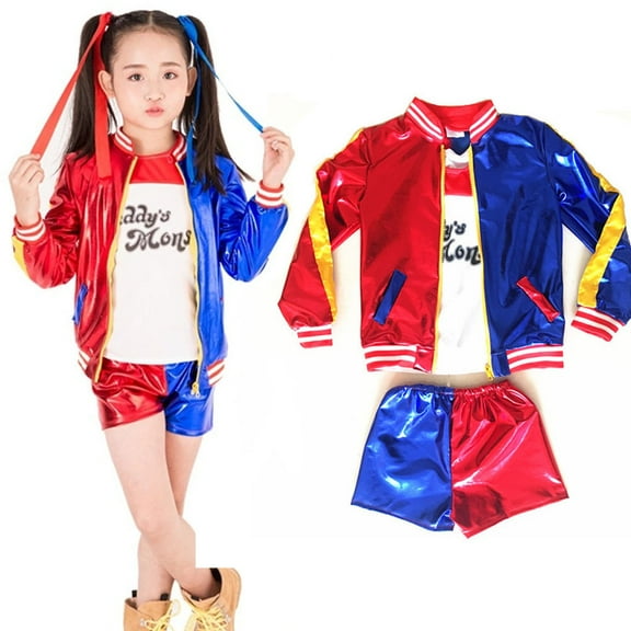 Girls Joker Cosplay Costumes Set,Halloween squad Quinn costumes for Kids With Jacket Shorts T-shirt