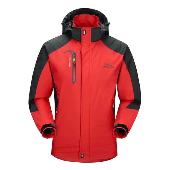 vdgthytj Rain Jacket Men Full Zip Stand Collar Hooded Windproof Contrast Fleece Lined Fall Winter Hiking Travel Outdoor Outwear with Pockets(5X-Large,Red)