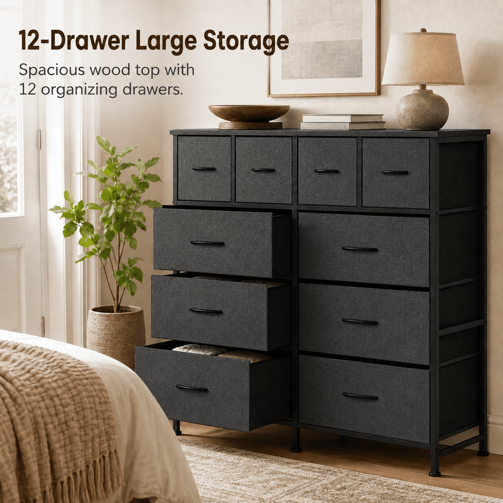 Alvantor 12-Drawer Dresser, Fabric Storage Tower for Bedroom, Hallway, Entryway, Closet, Tall Chest Organizer Unit with Fabric Bins, Steel Frame, Wood Top, Easy Pull Handle