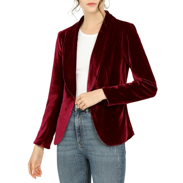 INSPIRE CHIC Women's Velvet Blazer Solid Color Shawl Collar One Button Wear-to-Work Suit Jacket L Wine Red