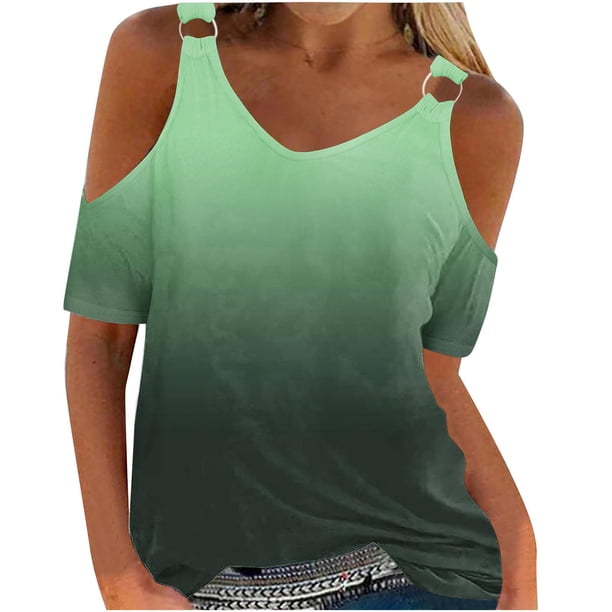 Camisas de Verano para las Mujeres Fuera Del Hombro Impreso Manga Corta Cuello Redondo, Camisas de Mujer Casual