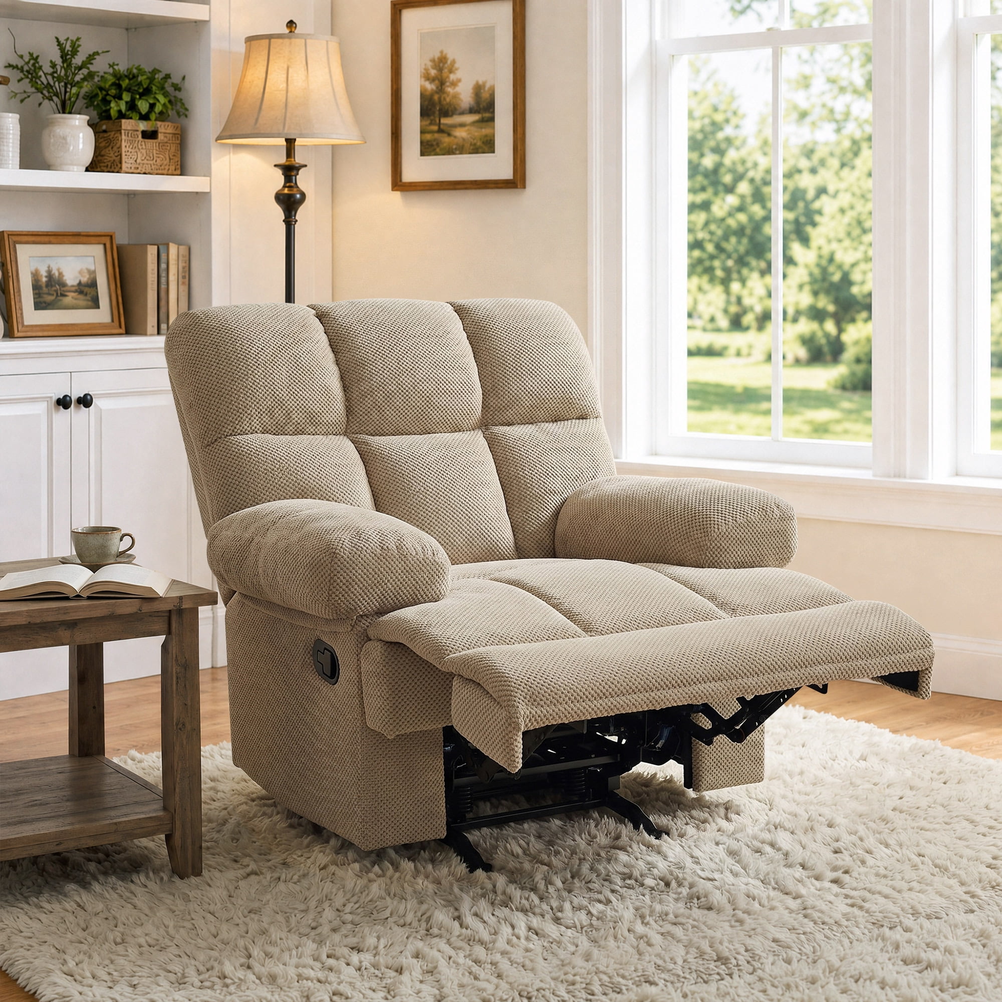 Lunale Manual Rocker Recliner for Home/Office, Adults Fabric Reclining Lounge Chair with Footrest, Camel Polyester