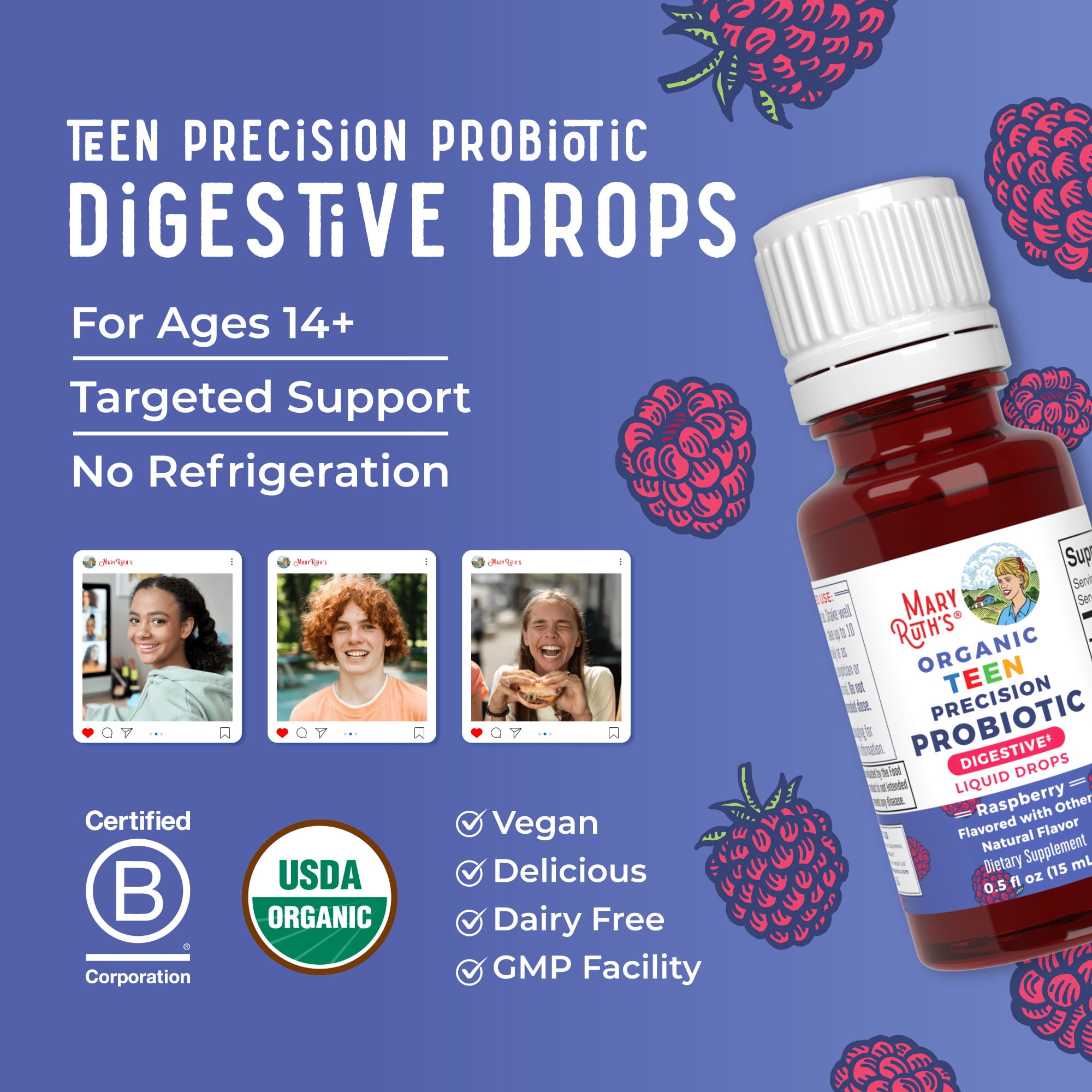 MaryRuth's Precision Probiotic Digestion Drops for Teens, Ages 14+, Raspberry, Organic, Vegan, Gluten-Free, Unisex, 0.5 fl oz