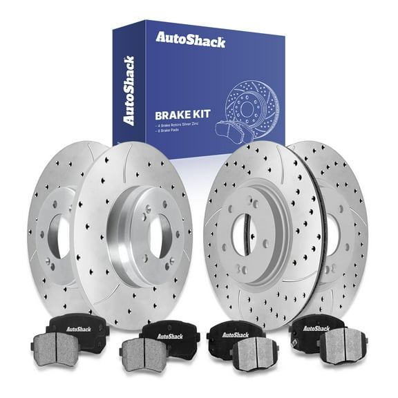 AutoShack Front Vented & Rear Solid Drilled & Slotted Silver Zinc Coated Brake Rotors   Ceramic Pads 12-PC Brake Kit Replacement for 2023 Kia Seltos 2025 Kia Seltos SilverShield Pro