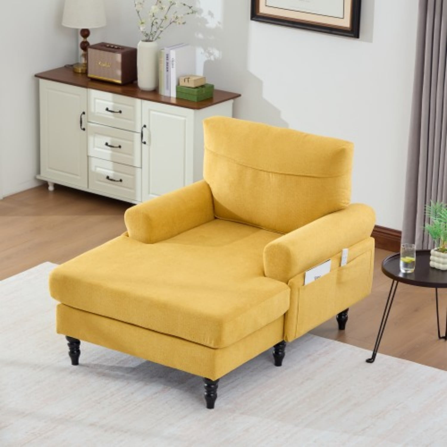 Chenille Chaise Lounge Chair, Oversized Upholstered Recliner Sofa with Wide Seat, High Density Foam Backrest, Solid Wood Legs & Side Pockets for Living Room, Bedroom, Office, Mustard yellow
