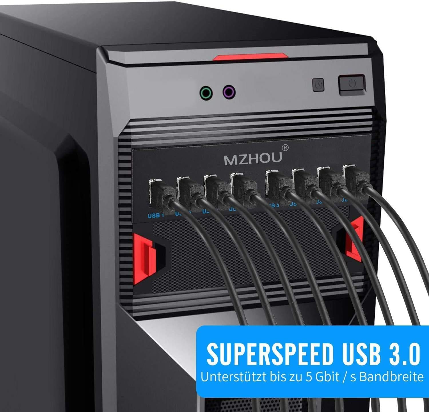 MZHOU 8-Port USB 3.0 Front Panel Hub Expansion Card - with 19-Pin & SATA Cables, 5 Mounting Screws - Compatible with Windows XP/7/8/10 & Linux - Desktop PC Internal USB Hub for Case Expansion