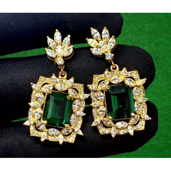 New Jewels 6 Ct Emerald Cut Lab-Created Halo Emerald Drop & Dangle Earrings 14K Yellow Gold Plated
