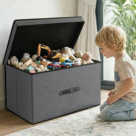 HONEIER Large Toy Box, Toy Box with Lid, Foldable Toy Box Storage Chest for Kids Playroom Nursery Living Room, 24 x 16 x 12 Inches, Gray
