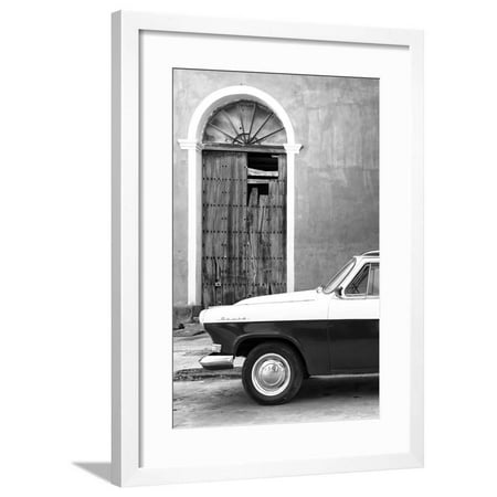Classic Flame Santa - Cuba Fuerte Collection B&W - Old Classic Car in Santa Clara IV Framed Print Wall Art By Philippe Hugonnard