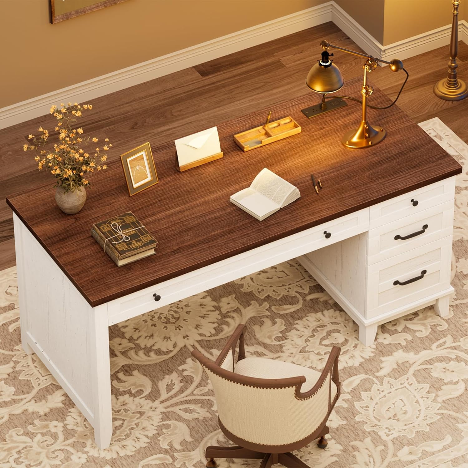 M optimized Wood Executive Desk with Power Outlet, Home Office Desk with Drawers, Work Desk with File Cabinet, Computer Desk for Work, Study, Writing