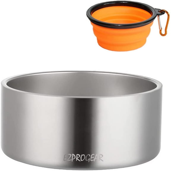 Ezprogear 64 oz Stainless Steel Double Wall Dog Bowl Non-Slip Bottom for Dogwith Collapsible Travel Dog Bowl (Stainless)