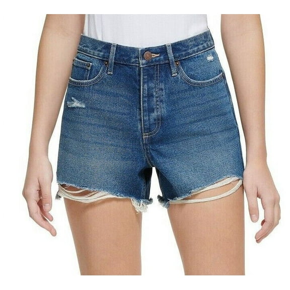 CALVIN KLEIN JEANS High-Rise Button-Fly Raw-Hem Denim Shorts Dark Wash B4HP (27)