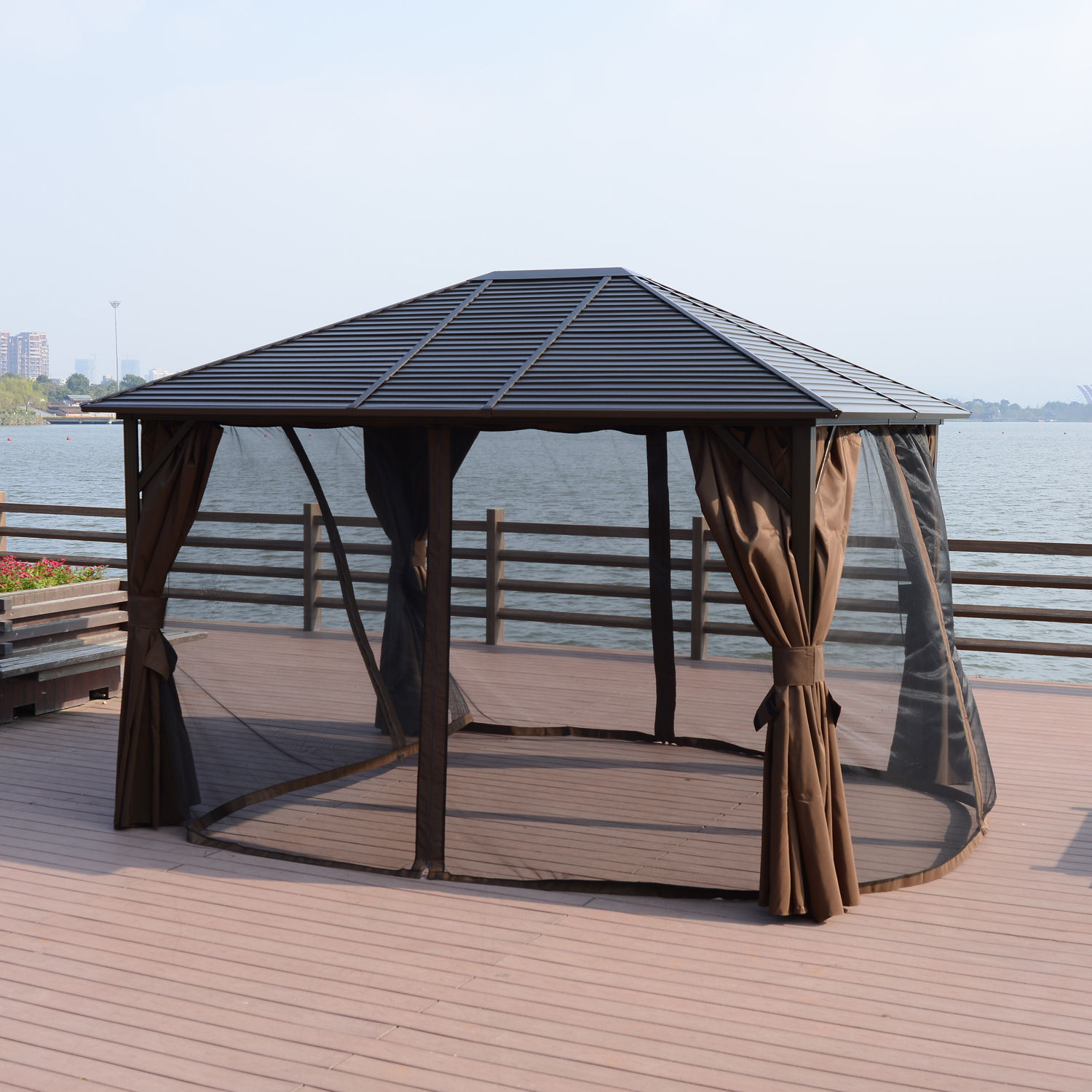Outsunny 10' x 12' Hardtop Gazebo with Curtains and Netting, Permanent Pavilion Metal Single Roof Gazebo Canopy with Aluminum Frame and Hooks, for Garden, Patio, Backyard, Coffee Brown