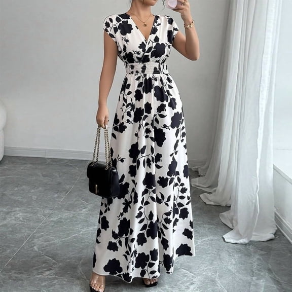 MORTTIC Women's Floral Print V-Neck Maxi Dress with Elastic Waist Bohemian Summer Casual Long Dress White，S