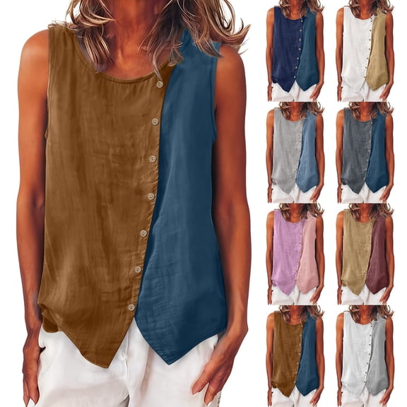 Women Spring Summer Color Block Cotton Linen Vest Casual Comfortable Top