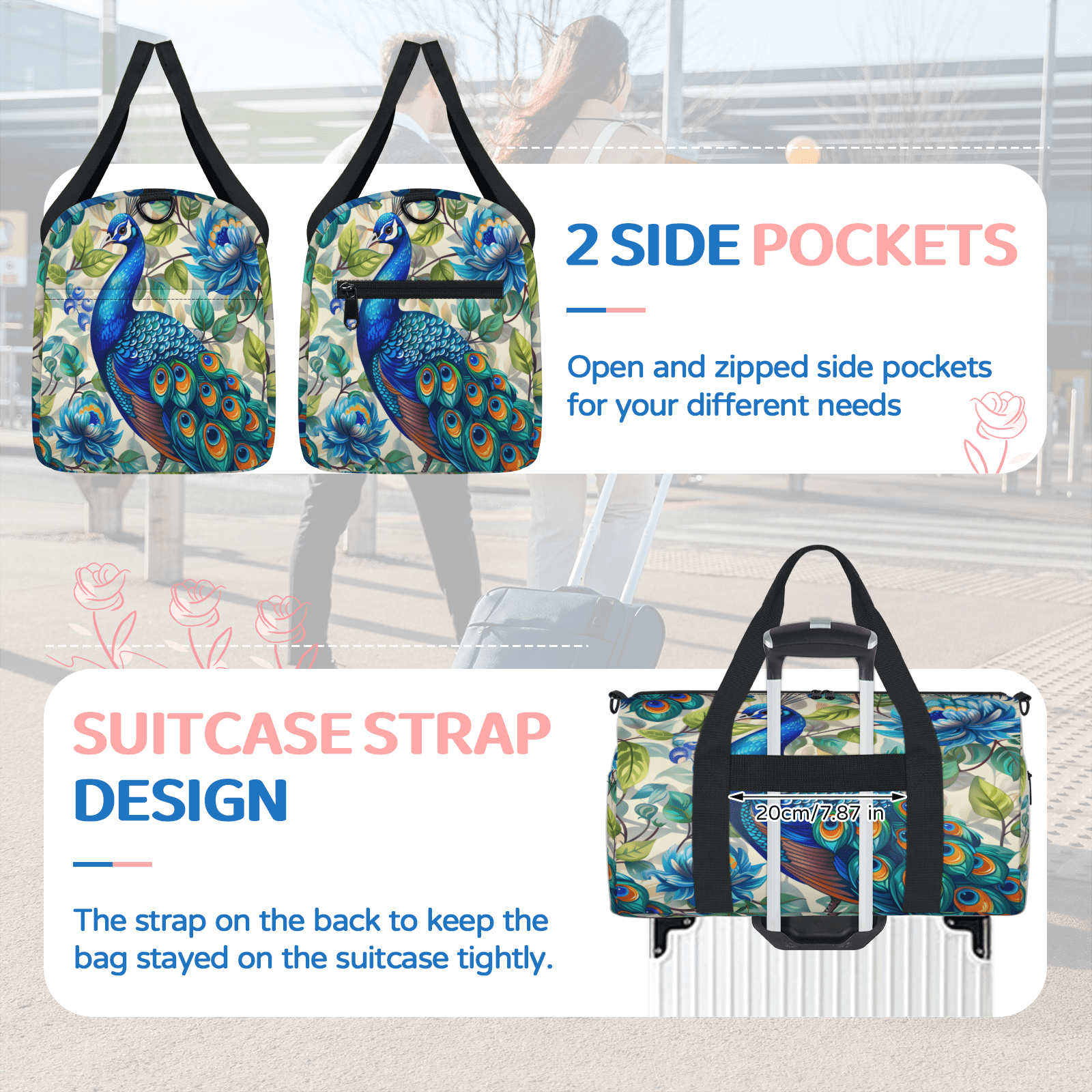 Herdesigns Peacock Travel Duffle Bag Sports Yoga Weekender Overnight Carry on Workout Bags Lightweight Waterproof Gym Tote Bag for Women Blue Beautiful Bird Flower