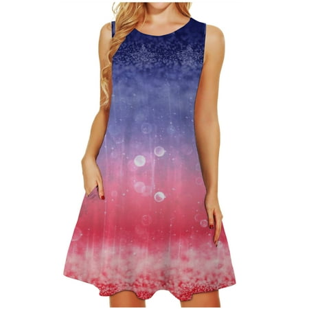 

4th of July Women Dresses Summer Casual Loose Fit Sleeveless Creneck Dress Independence Day Flowy Sundress Tank Dress