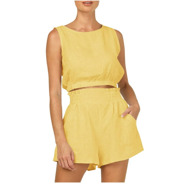 Tenues d'Été 2 Pcs en Coton et Lin pour Femmes Décontractées Col Rond Sans Manches Crop Tops Shorts Taille Haute Ensembles de Survêtements