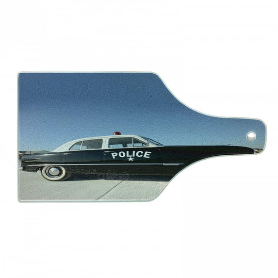 American Cutting Board, Side View of a Parked Old American Police Car and the Sky Digital Print, Tempered Glass Cutting and Serving Board, Wine Bottle Shape, Blue Beige and Black, by Ambesonne