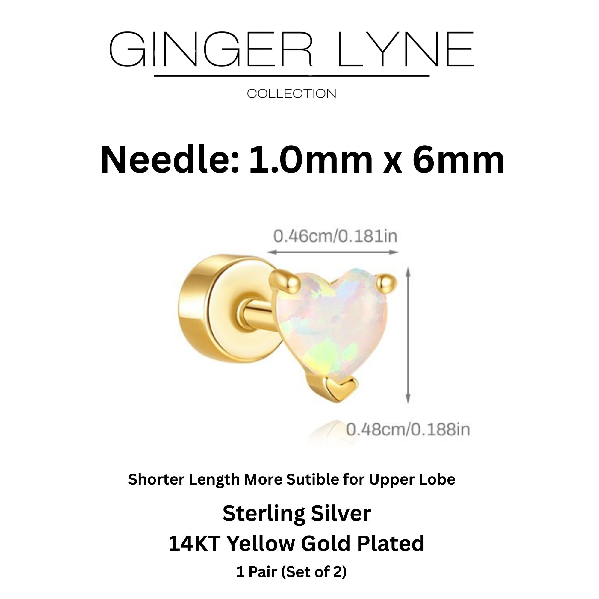 Heart Flat Back Opal Earrings for Cartilage Helix Tragus Lobe16g Gold over Sterling Silver Studs Pair by Ginger Lyne
